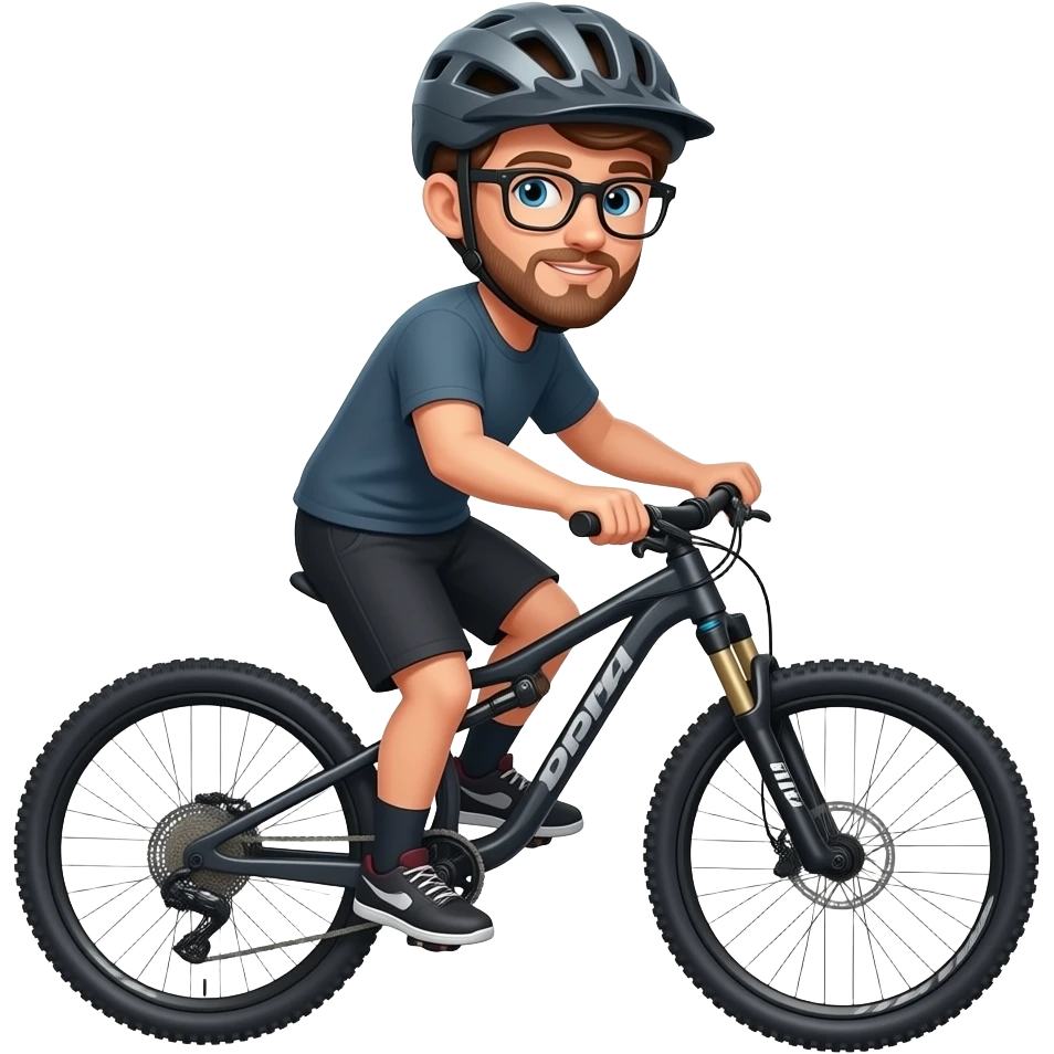 light brown hair guy with a helmet, glasses  and a small beard doing mountain bike emoji