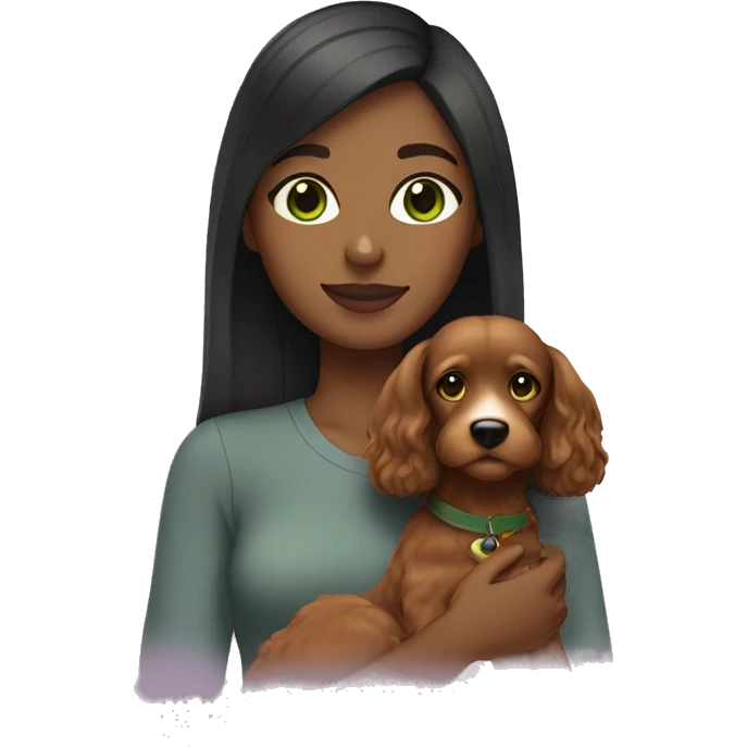 brown girl with straight hair green eyes holding a cavoodle emoji