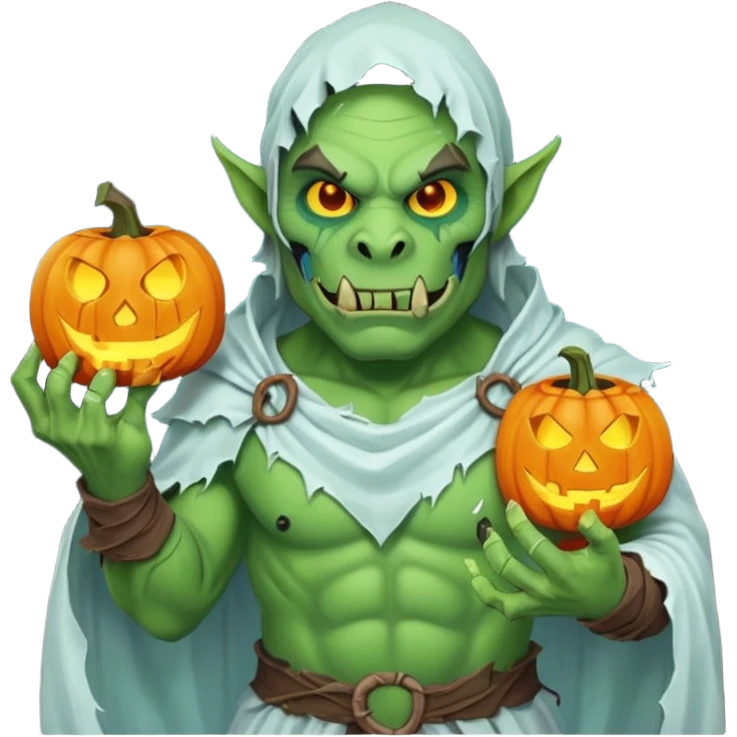male orc warrior ghost emoji, green skin, tusks, wearing torn white ghost sheet costume, holding glowing jack-o'-lantern, faint blue aura, friendly but spooky expression, Halloween fantasy theme, Apple emoji style, clean white background, square emoji