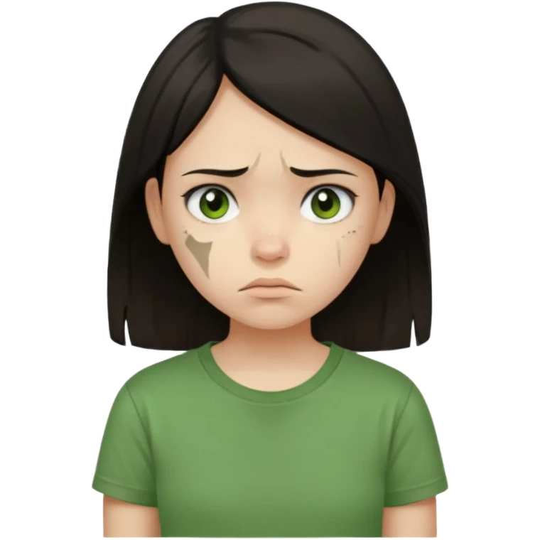 Young girl with straight, dark hair, damaged and unattractive, wearing a green T-shirt, looking sad emoji