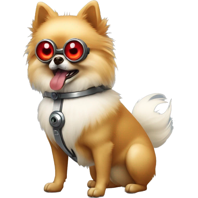 angry pomeranian cyborg with red robotic right eye and normal left eye emoji