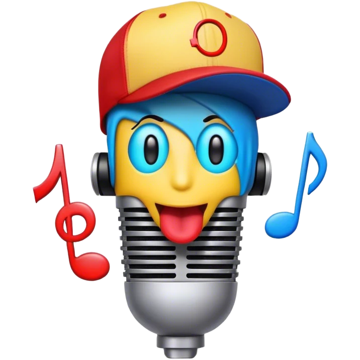 Create a bold and playful emoji that represents beatboxing. The design should feature a microphone with a cap placed on top, with large lips peeking out from under the cap. From the lips, bass clef symbols are bursting outward, symbolizing the vocal percussion and rhythm of beatboxing. Add soundwaves or beat patterns to reflect the energetic and creative nature of the art form. Use vibrant, bold colors like neon blue, red, and yellow to convey the street culture and intensity of beatboxing. The background should be transparent. emoji
