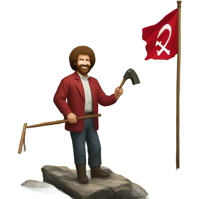 bob ross painting with a background of a hammer and sickle red flag emoji
