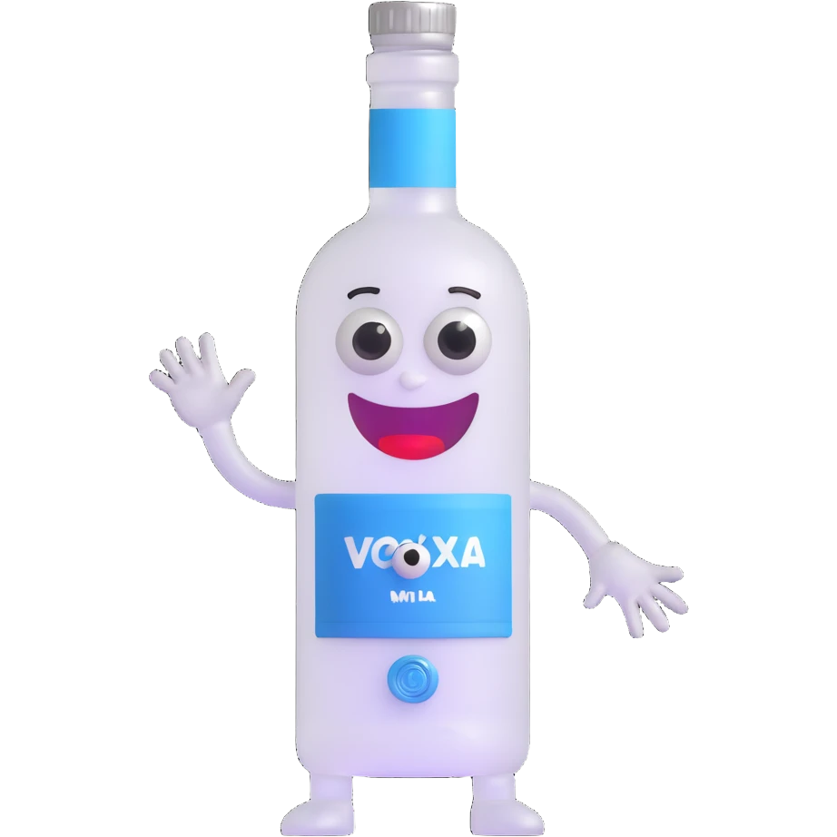 3D vodka bottle character with eyes, smile, arms and legs emoji