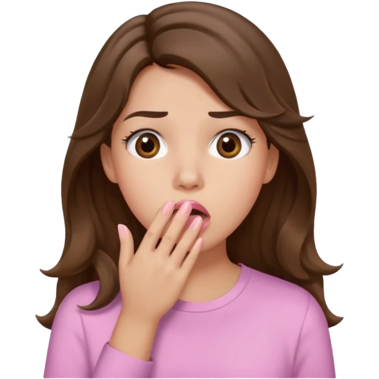 girl with wavy long brown hair, brown eyes, light to medium complexion, long lashes, light pink lipstick, wearing light pink shirt, shocked, hand covering mouth, oh no  emoji