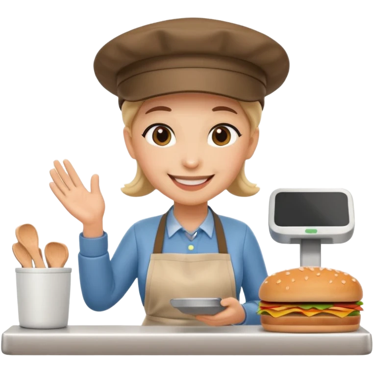 A 3D cartoon deli worker wearing an apron and hat, serving a customer at the counter, friendly smile, Memoji-style. emoji