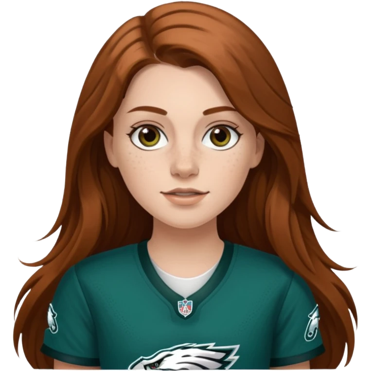 White girl with long brown hair and freckles wearring a Philadelphia eagles jersey emoji