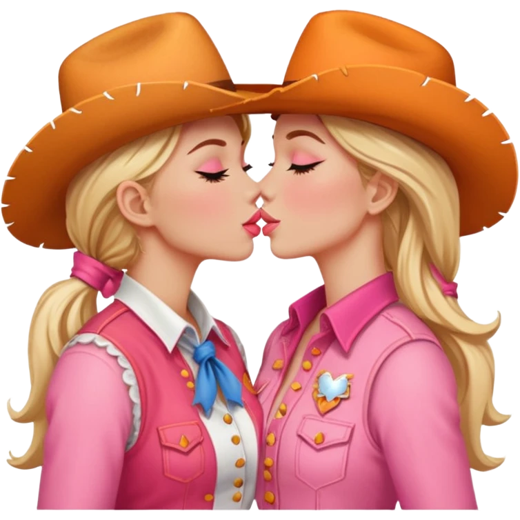 Women, cowgirl, kissing another cowgirl in orange and white and pink emoji