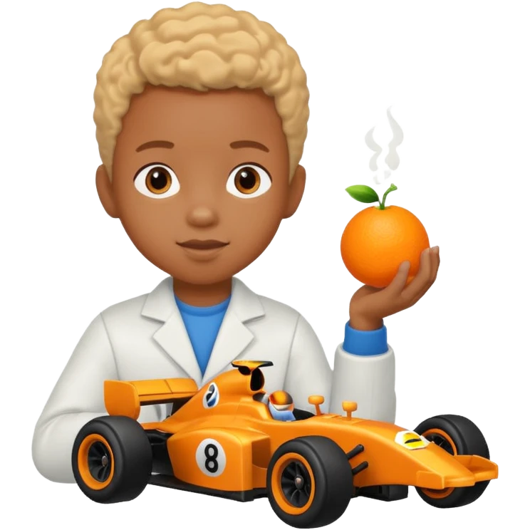 black kid playing orange colored formula 1 toy emoji