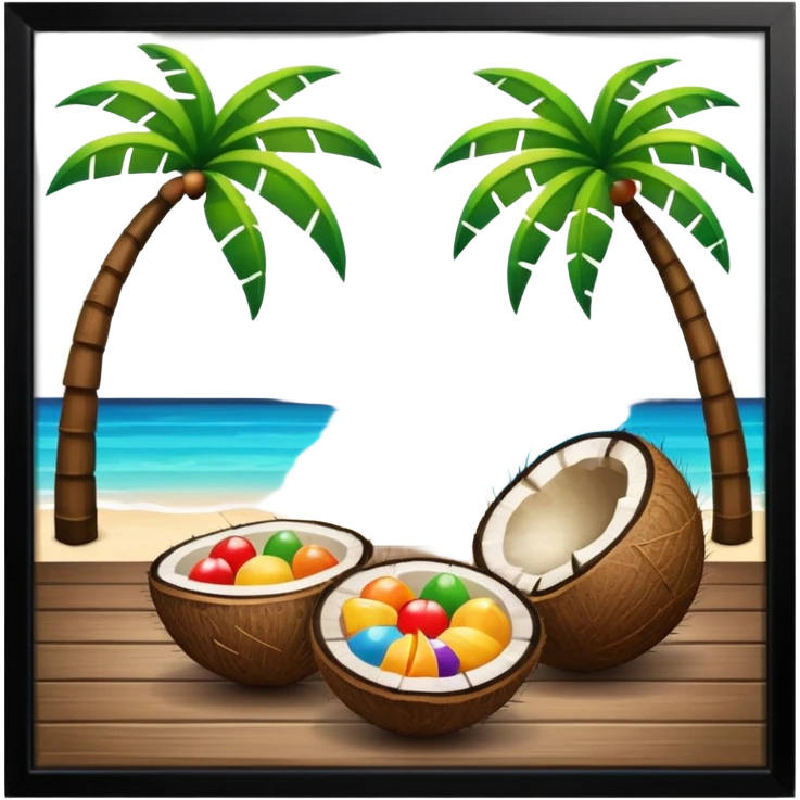 tropical summer photo frame with planks, coconuts, and vibrant colors, emoji style emoji