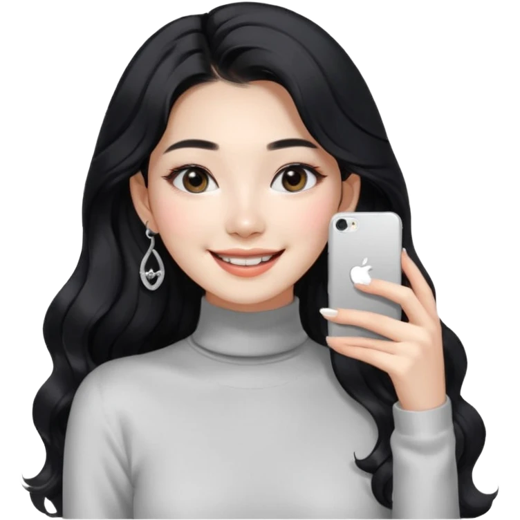 Korean 24-year-old female online shopping mall seller / white face / earrings / smiling expression / long wavy hair / influencer vibe / fashionable / black hair / silver earrings / skinny white turtleneck emoji