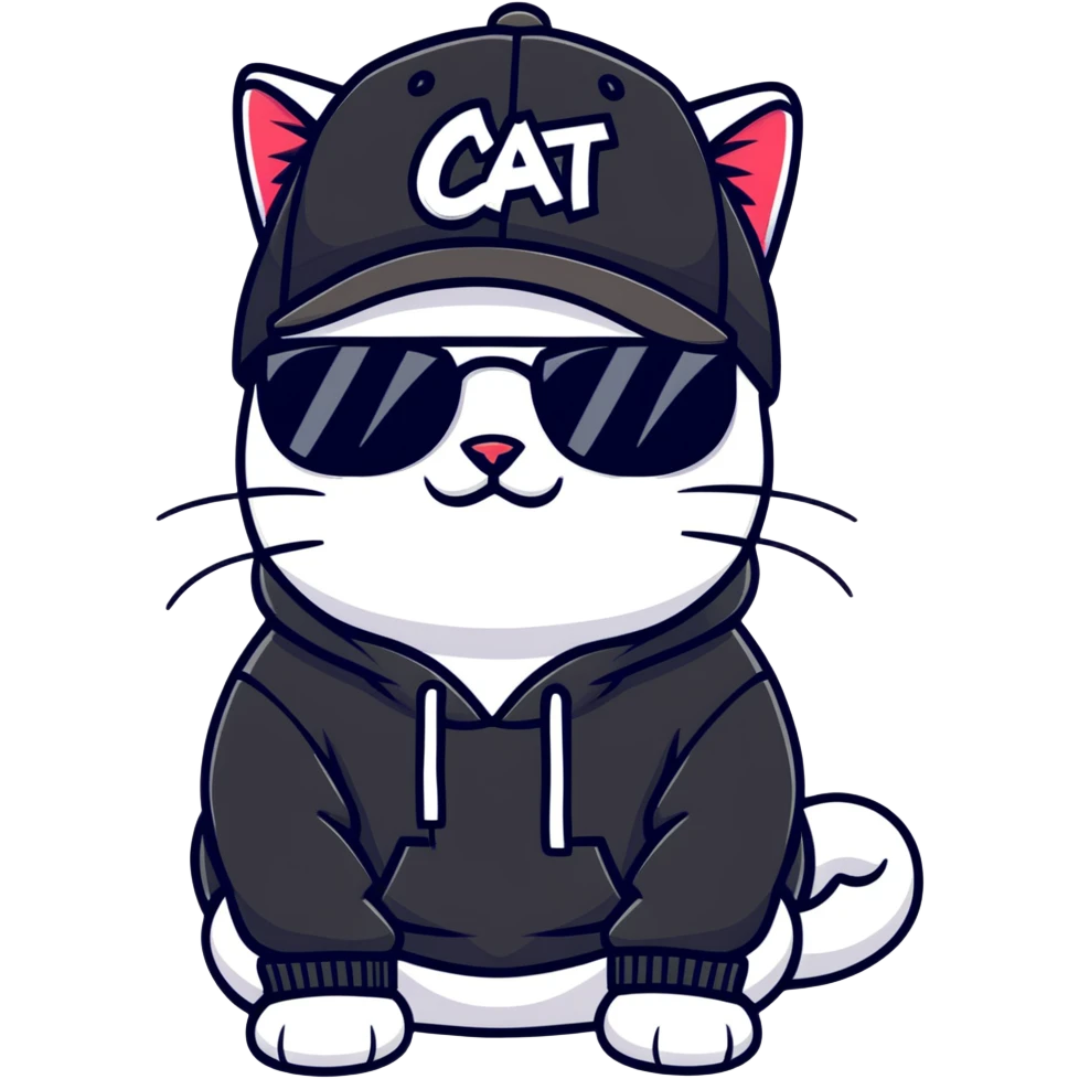 cat wearing a black snapback cap, black hoodie, and black sunglasses low on his nose that he is peering over, doing graffiti art with spray paint, street art style emoji