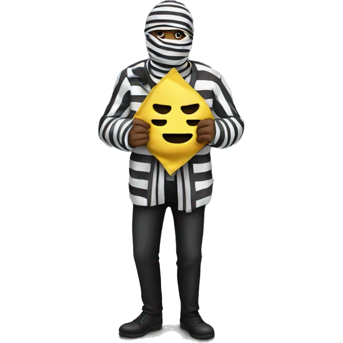 person in striped clothes with a bandit face mask holding a bag of money emoji