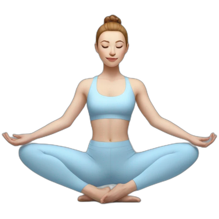 Pale skinned fit woman In a light blue tight yoga suit and wristbands With brown hair in a bun doing yoga emoji