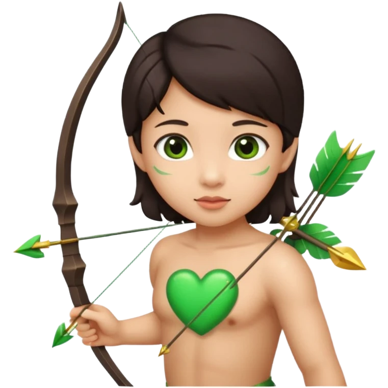 cupid flying with wings asian with brown eyes and dark hair handled bow and arrow directed to green emoji heart emoji