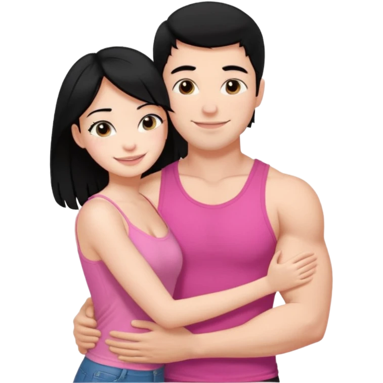 a pretty bratz fair girl. black hair, wearing a pink cami top hugging a handsome fair guy with black hair. lean but muscular who is wearing a black tshirt emoji
