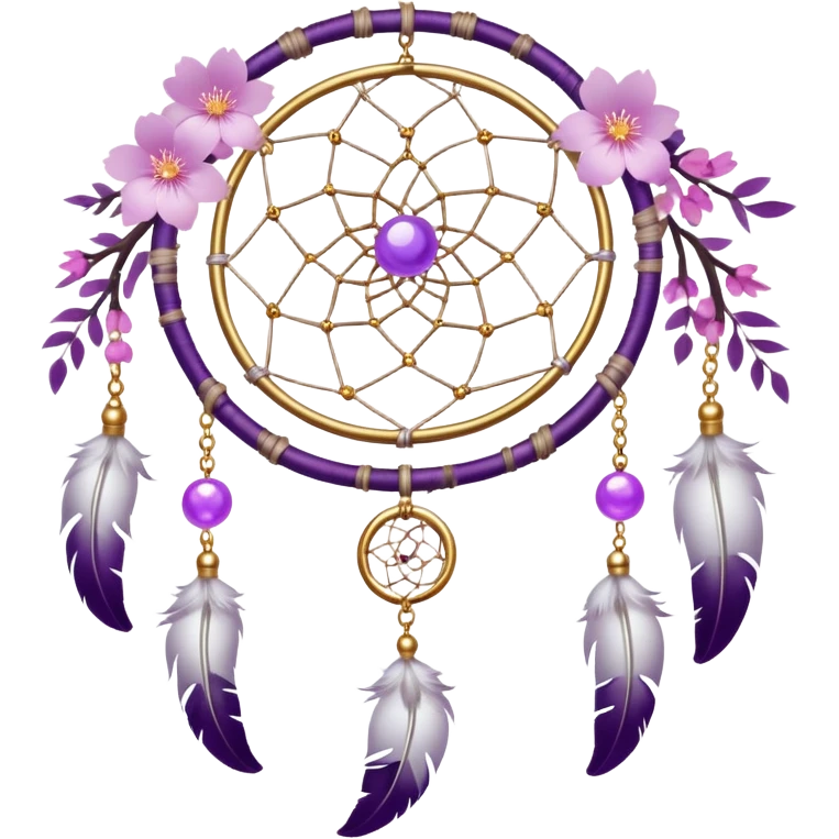 A silvery-white Dreamcatcher. with purple-round-orbs, gold-rings hanging down. purple flowers, pink sakura flowers, emoji
