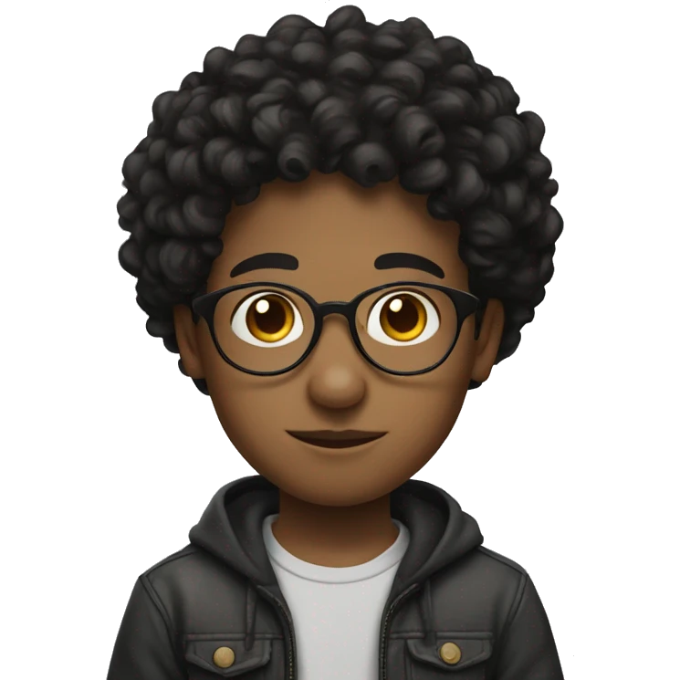 a boy , rounded glasses , short curly black hair , tin nose and mouse and large face emoji