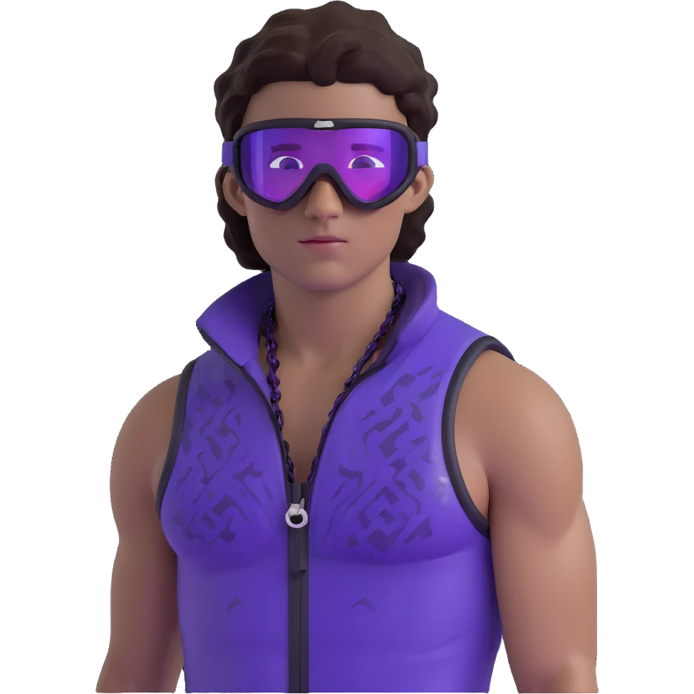 male athlete with white skin and moderately curly dark brown hair on top with shaved sides, wearing ski goggles with purple frames and very dark black lenses, a simple plain black chain necklace, and a completely unzipped sleeveless vest with purple and black sequin fire pattern design with no logo, fully revealing his chest, shoulders and arms, no earrings emoji