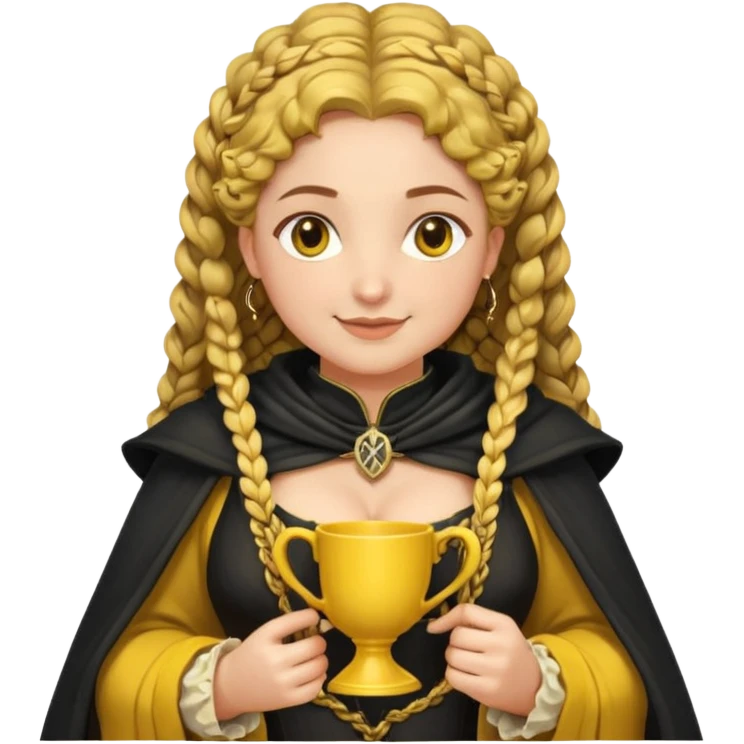 Helga Hufflepuff, 2 curly thick brown braids, yellow-black medieval dress, black cloak decorated with gold braiding, tiny two-handled shiny yellow-gold cup, very kind smile, curvy busty sweet woman, thick rosy cheeks emoji