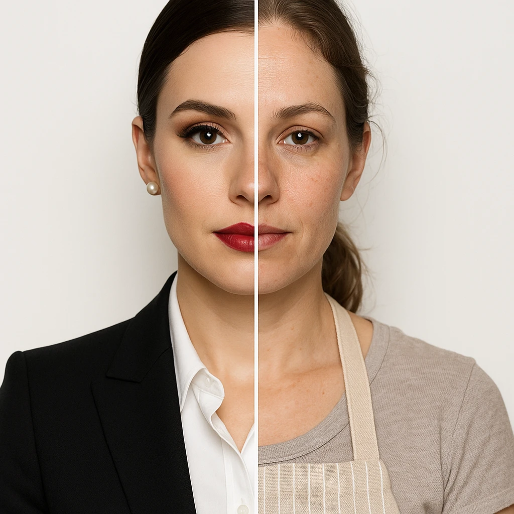 hyper realistic split-image of a woman, one half with elegant makeup and business suit, other half natural, homemaker apron, white background, symmetrical, clear contrast emoji