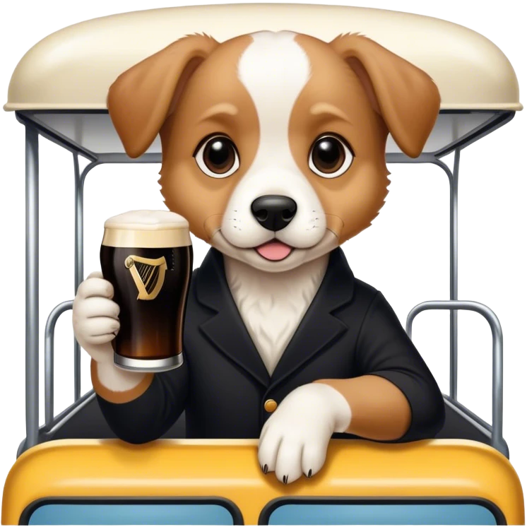 Puppy on a bus drinking a pint of Guinness WHILE “SPLITTING THE G” ON THE GUINESS emoji