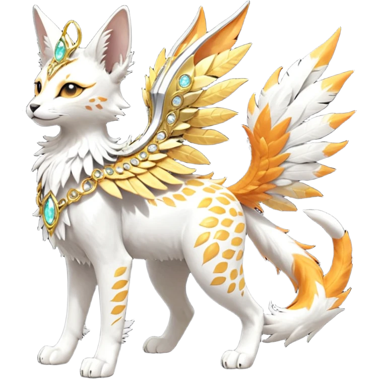 Epic complex fantasy glorious detailed futuristic divine godly angelic feathery sunny, white, albino, pastel, golden, orange glowing sparkly, realistic Fakémon-Sprigatito-Floragato-Meowscarada-Trico-Sergal-Serval-Solgaleo-Vernid-creature (full body) solarpunk, shiny sparkly with a gold laurel emoji