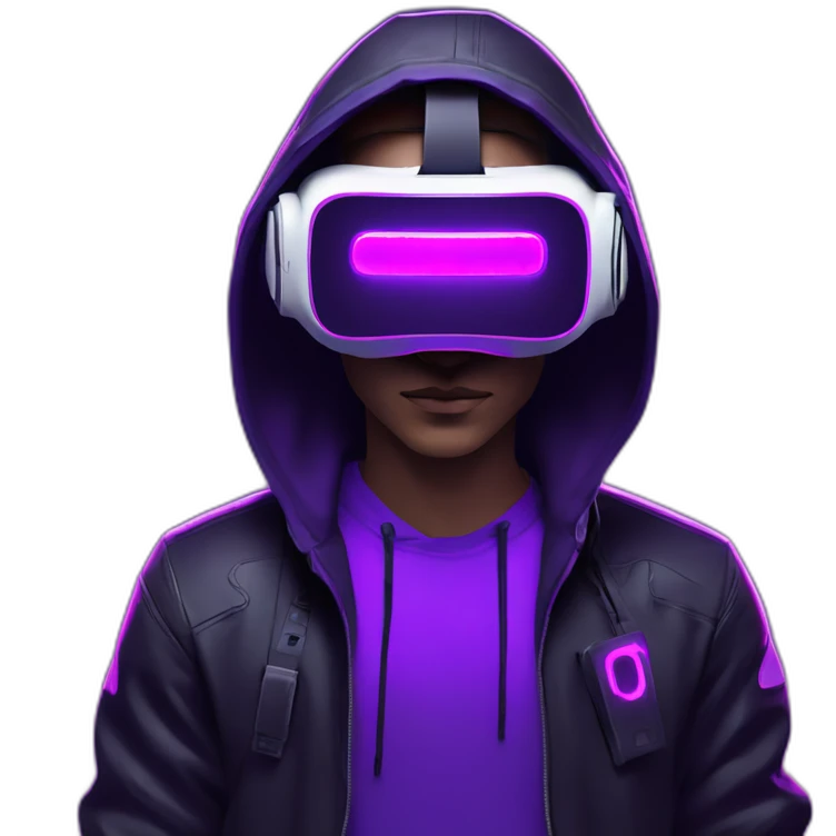 Cyberpunk style. Violet neon. man with white skin in the black hoody with violet OMG VR logo on it wearing vr headset oculus quest 2 emoji