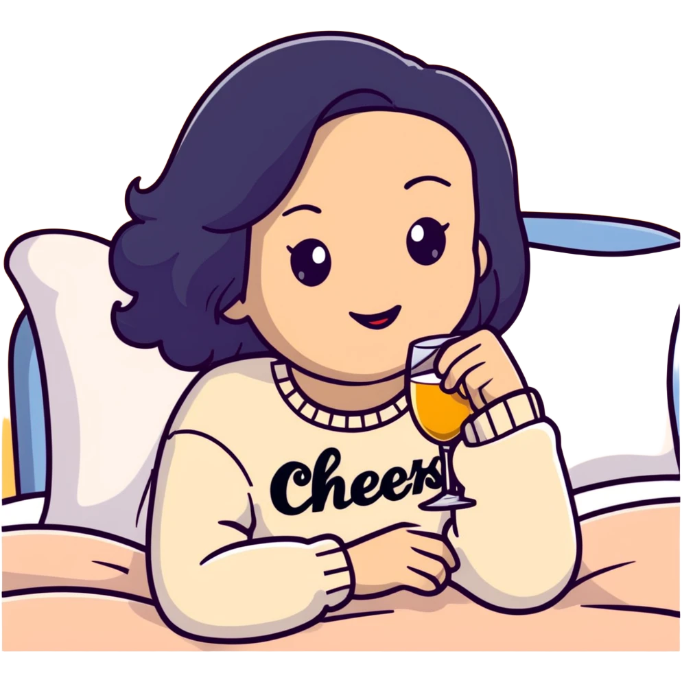 A woman with shoulder-length black hair, light to medium skin tone, full cheeks, and almond-shaped eyes, wearing a white sweater with the word 'cheers' in gold script, lying comfortably on a bed with soft lighting, joyful and radiant expression emoji