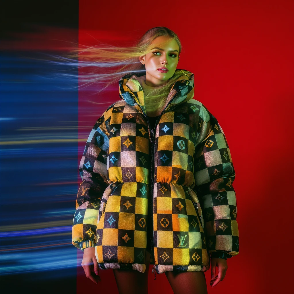 Medium shot, "Echo print effect" motion blur, Photo of a woman dress in abstract (black orange green and blue) grid puffer Louis Vuitton jacket, red solid background, express body, spot light with hard light emoji
