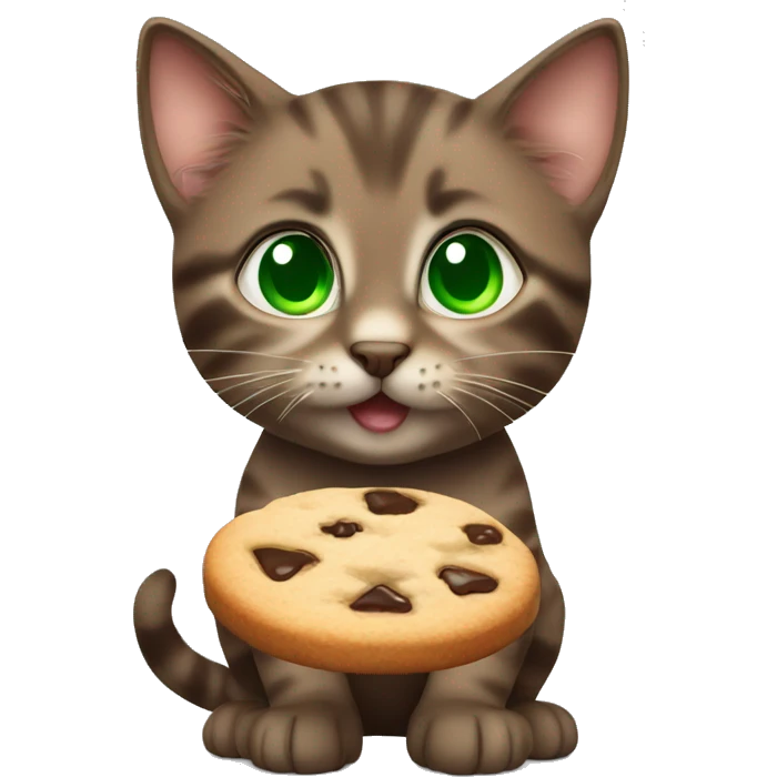 Little brown kitten with green eyes eating a cookie emoji