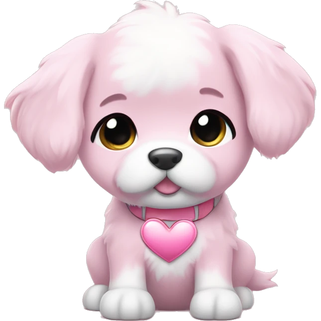 Dog "A pastel pink puppy with fluffy glowing fur, oversized floppy ears, and a collar with a shiny heart-shaped tag that radiates soft light." emoji