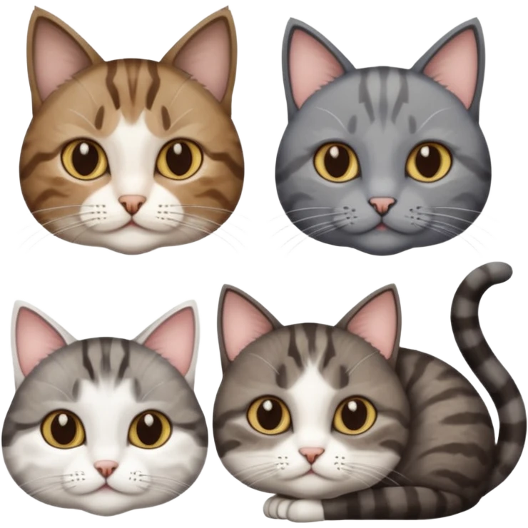 3 different coloured short haired cats including; a dark brown tabby and white cat, and a dark grey and white  emoji
