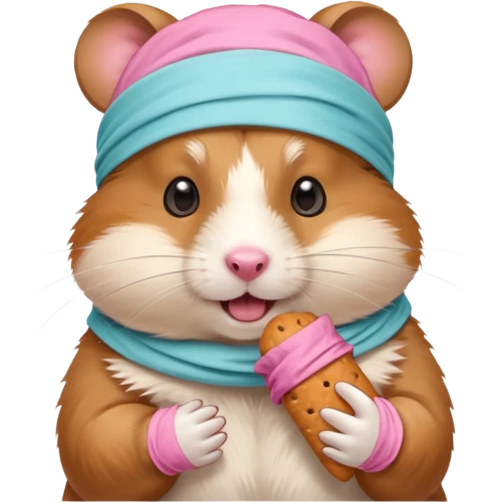 A cheerful hamster patient with head bandage, nibbling a treat for comfort.
 emoji