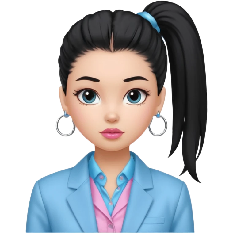 generate a pretty bratz girl wearing a light blue full sleeve shirt, silver small hoops, pink lipgloss, black blazer, hair tied up in a ponytail (black hair) emoji
