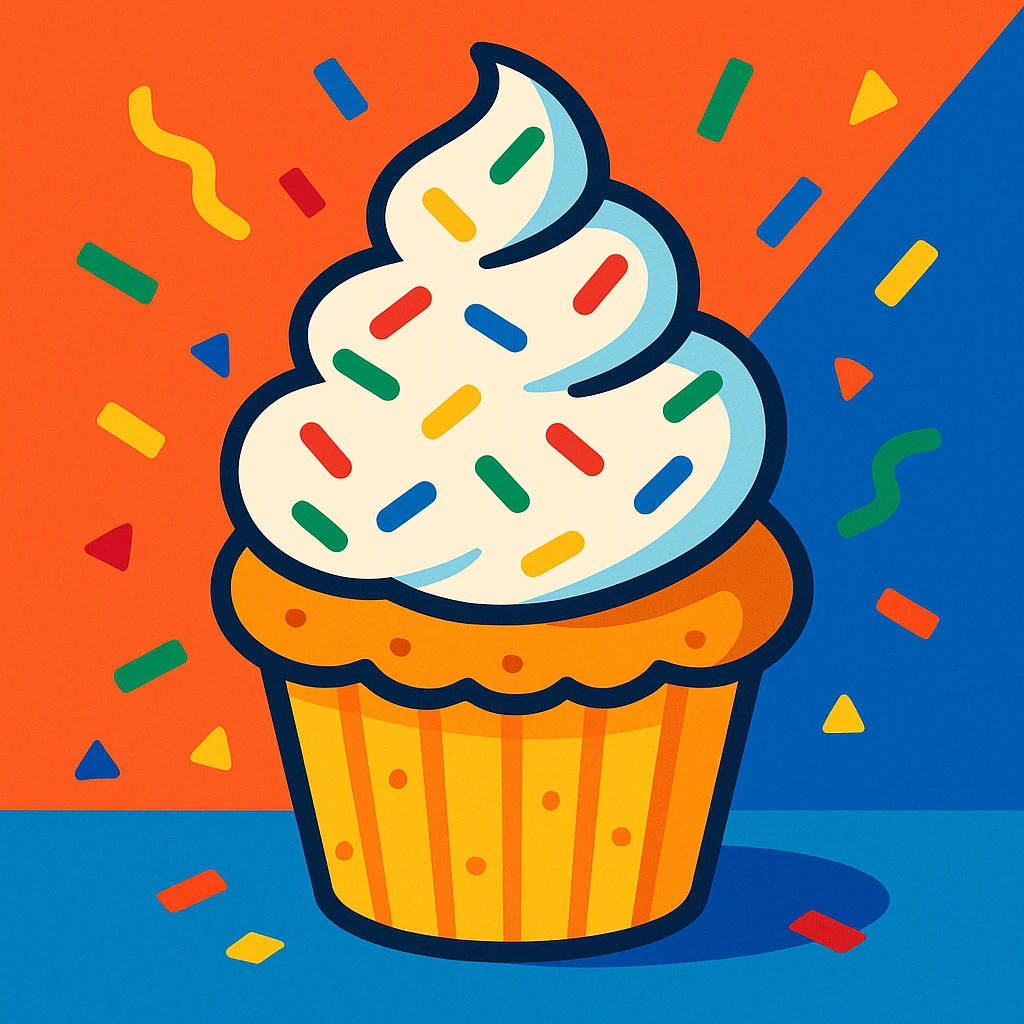 muffin with a tall swirl of whipped cream and rainbow sprinkles, lively and celebratory emoji