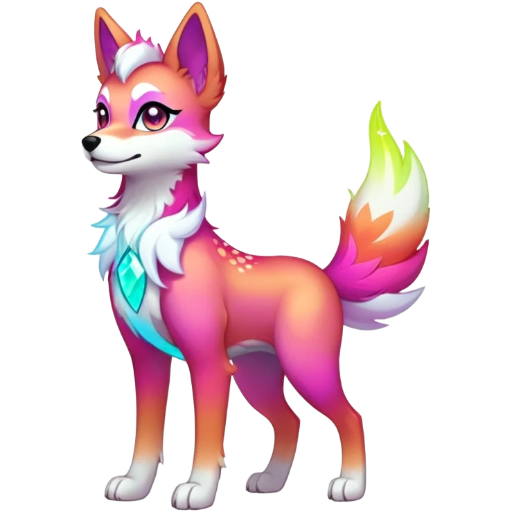 Vibrant multicolored neon-colored Falvie-Fionbri-creature-sparkle-dog-fursona, full body emoji