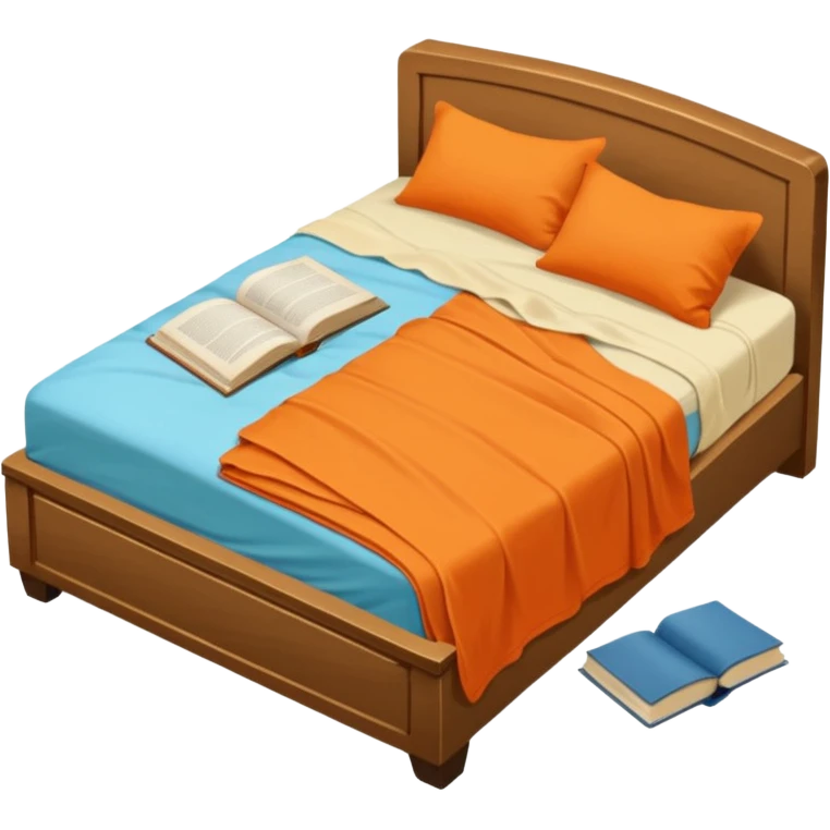 bed with a wrinkled light blue blanket, cream mattress, and one pillow out of place on the floor. Around the bed, scattered items include an orange t-shirt, greenish-blue pants, and an open book on the floor. The background is transparent emoji