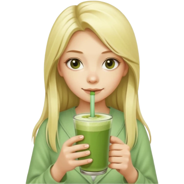 A blonde girl with long hair offers a glass of matcha latte with two straws emoji