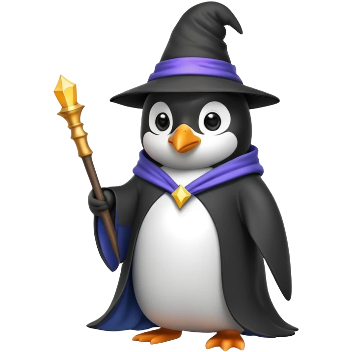penguin wearing wizard hat and robe, holding magic wand emoji