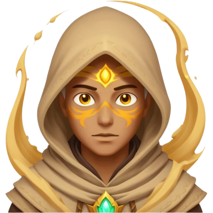 desert sand mage portrait, head and shoulders only, mystical hood, swirling sand aura, glowing eyes, fantasy vibe, 3D cartoon, mobile game icon style, clean background, no text, no watermark
 emoji