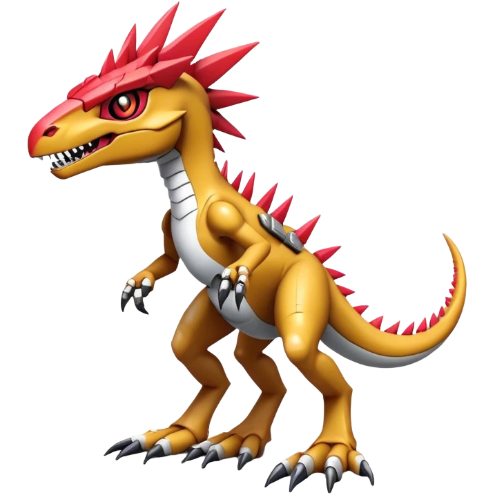 Spiky Cool Edgy Futuristic shiny colorful Digimon-Fakemon-Guilmon-Velociraptor-Mecha, full body, two legs emoji