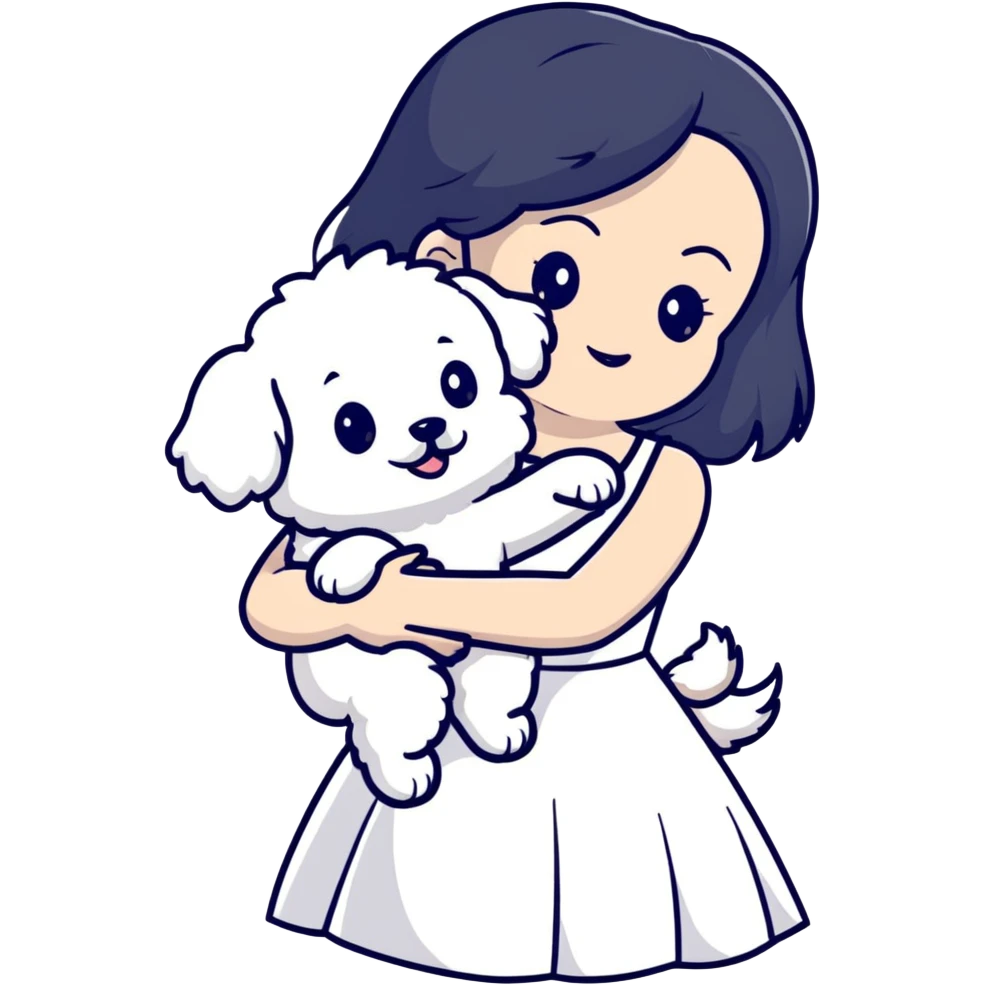 A beautiful girl with long black hair wearing a white dress holds a small white Bichon Frise in her arms emoji