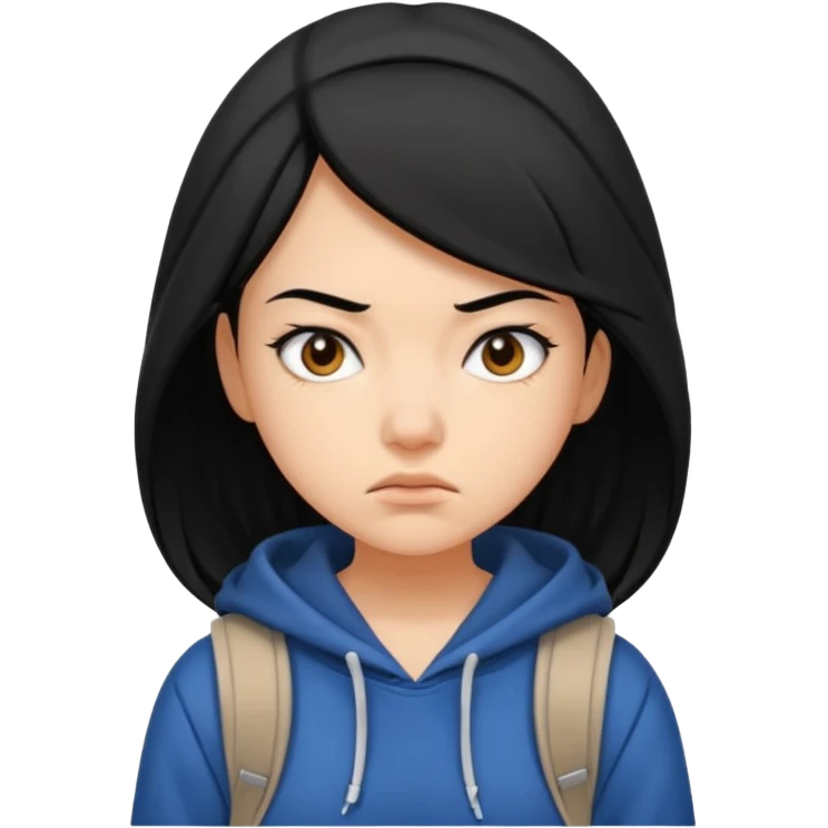 college student with annoyed face , black hair , with hoodie and backpack , girl emoji