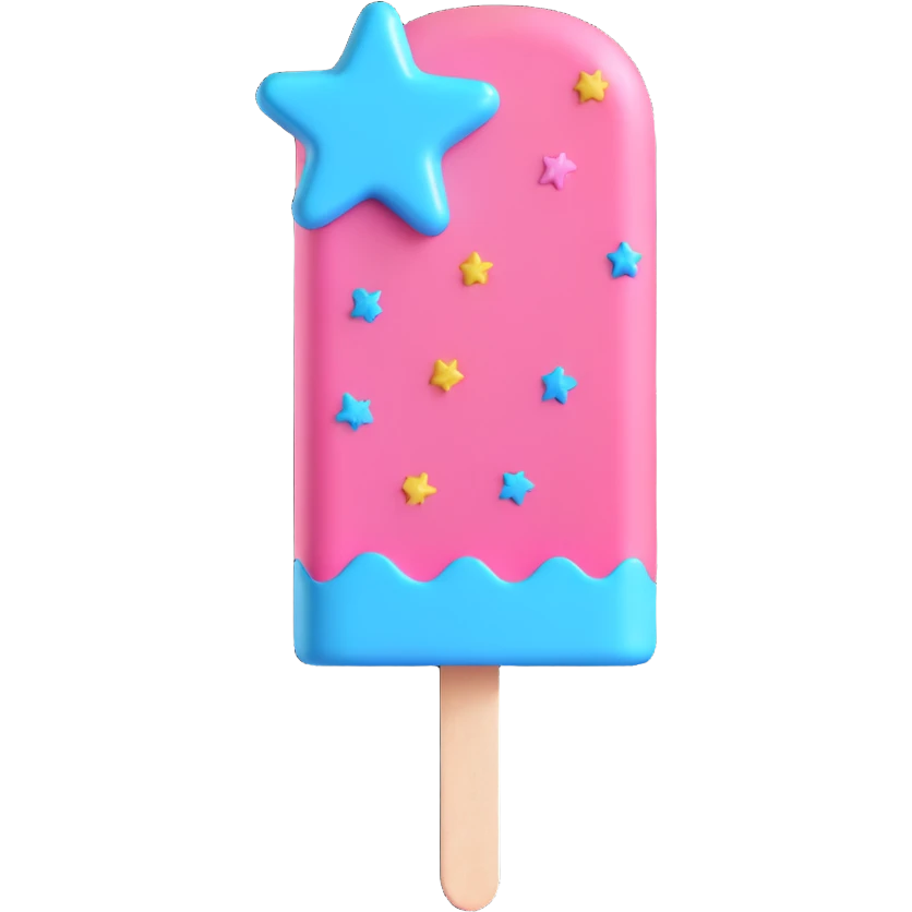 3D iOS style popsicle with blue and pink colors, star decorations, and a melting effect emoji