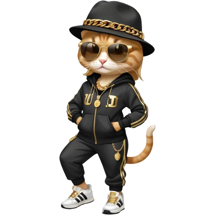 female cat dressed like Run DMC with tracksuit, fedora, Adidas shoes, dark sunglasses, lots of gold chains, upright emoji