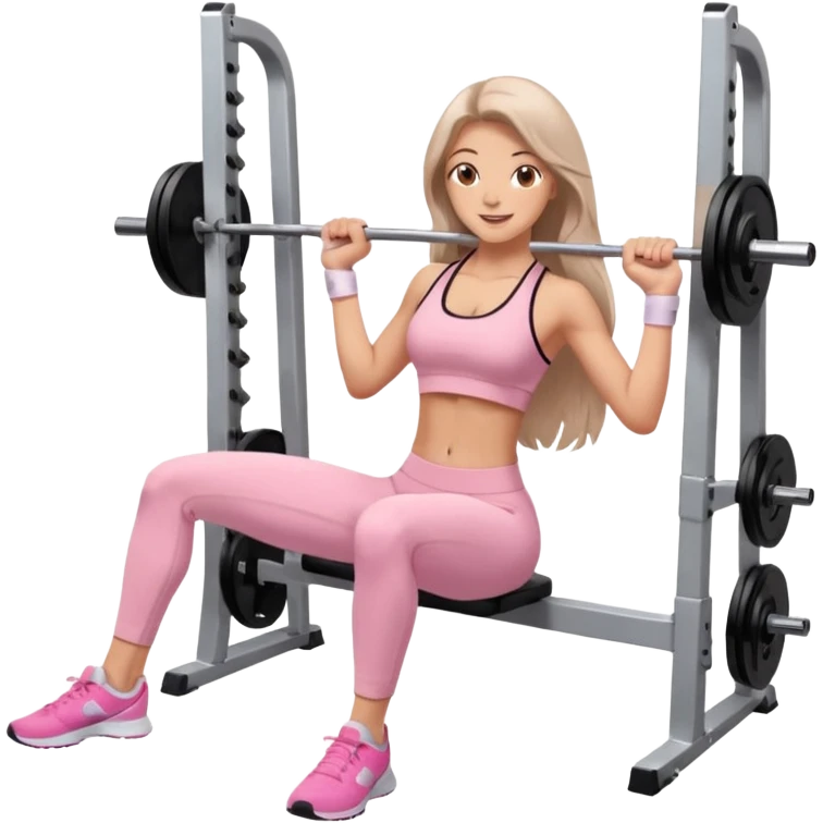 happy pretty white brunette teen long hair with hazel eyes in light pink workout clothes doing a smith machine hip thrust emoji