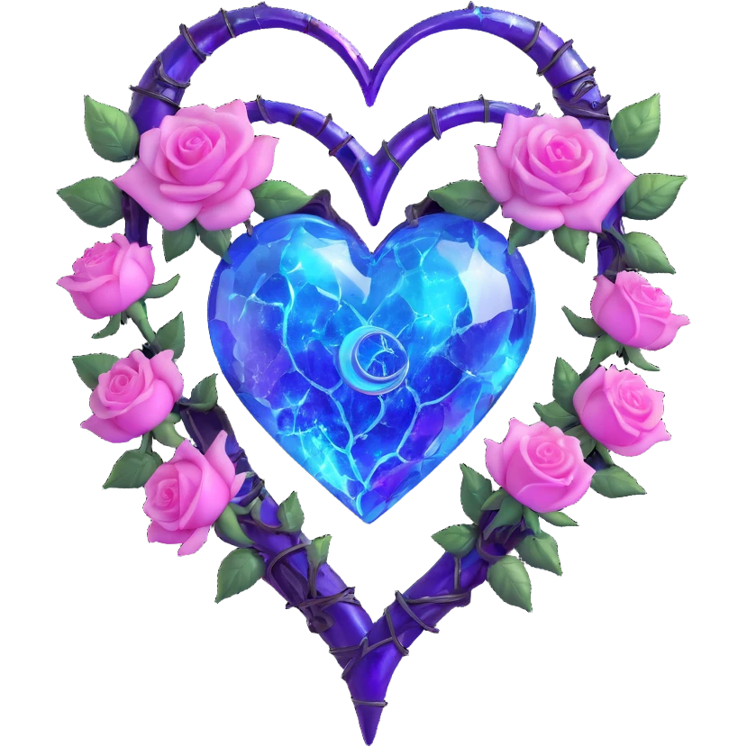 gothic heart made of shimmer amethyst glass, silver crescent moon, glowing blue roses, holographic stardust, neon pink lightning, wet and cracked glass emoji