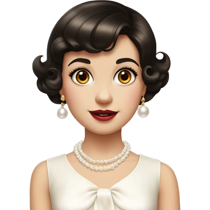 Cute girl 1950s short dark brown hair with fringe, white pearl necklace, gold bow earrings and white dress emoji