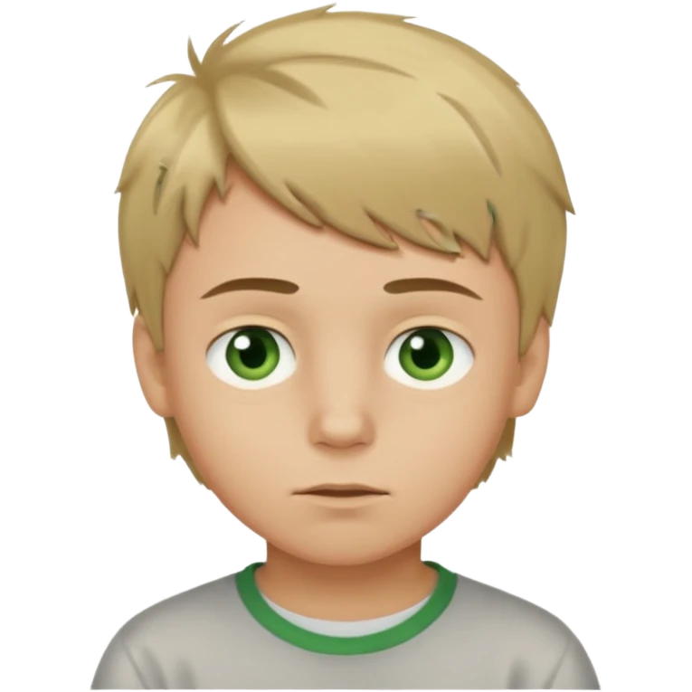 A young light-skinned boy with messy short-length brown-blond hair and greenish eyes. With his eyebrows raised and a straight face. emoji
